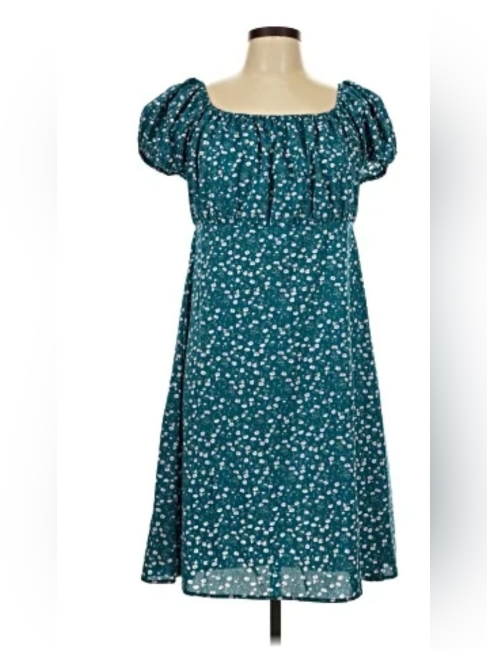 Teal Floral Puff Sleeve Midi Dress